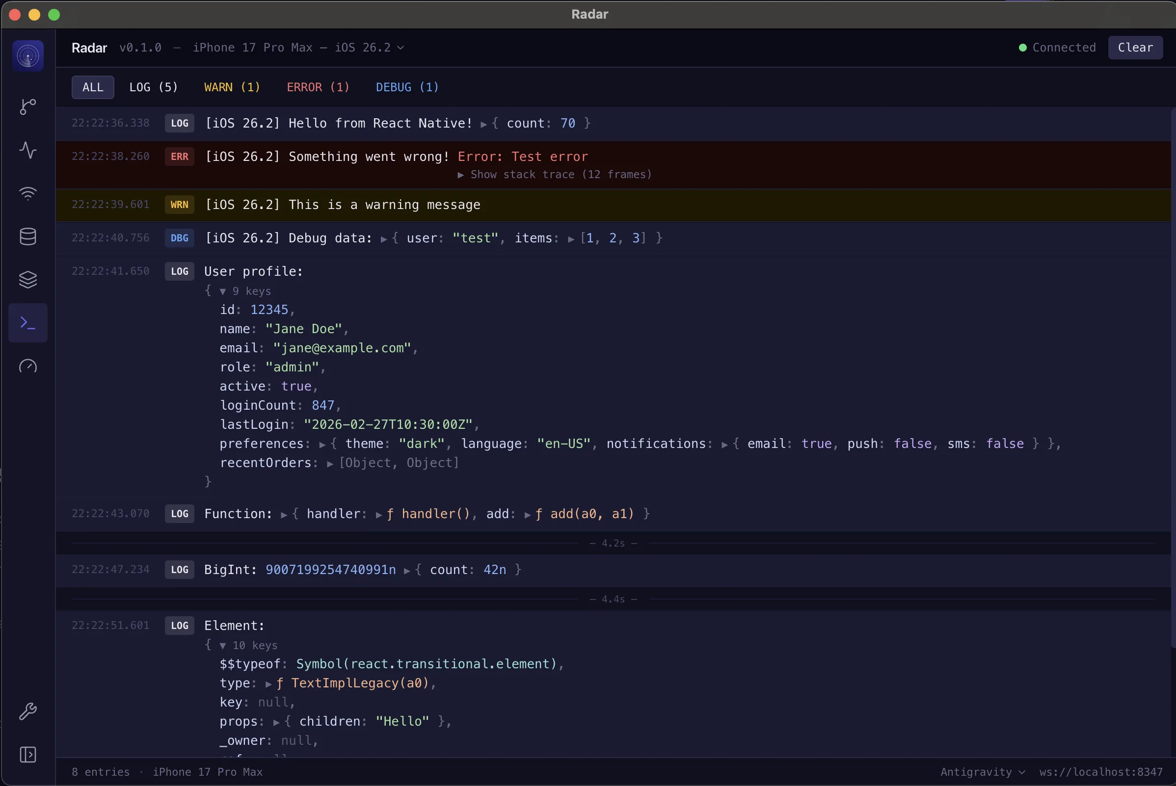 Radar Console view — See everything your app logs