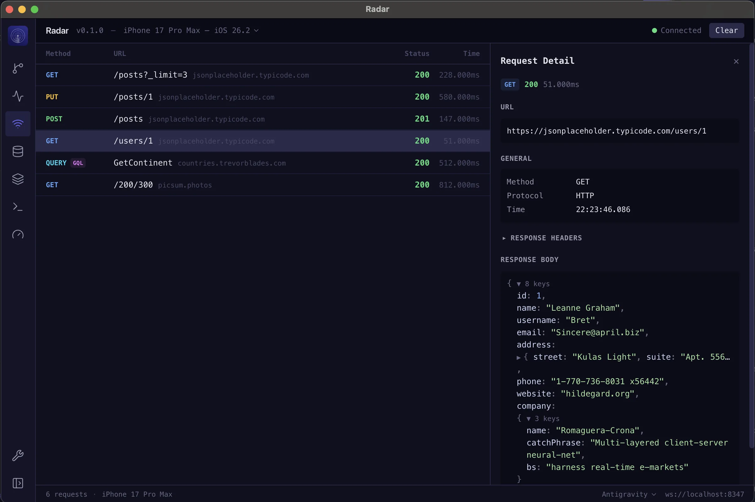 Radar Network view — Every request, every response