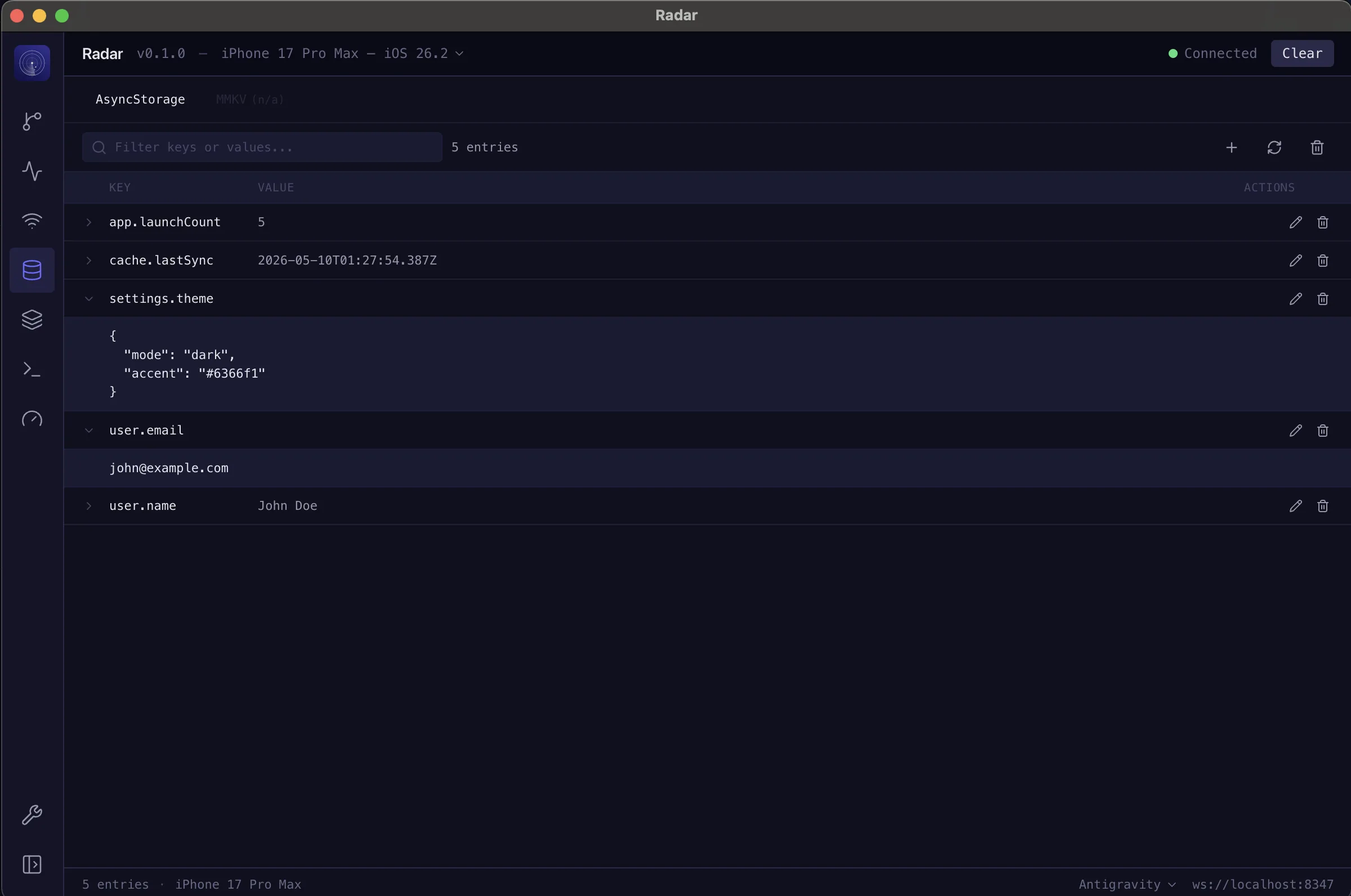 Radar Storage view — Read and write device storage